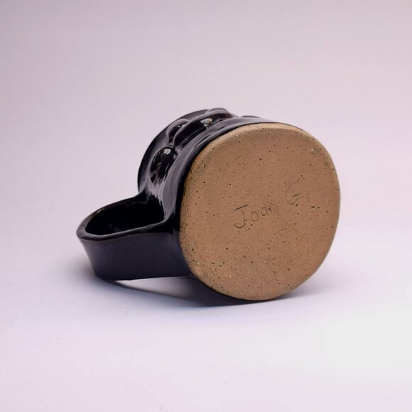 Hand-Thrown Artisan Pottery Black Mug With 3-D Heart & Paw Print Signed Joan G. - Picture 3 of 8